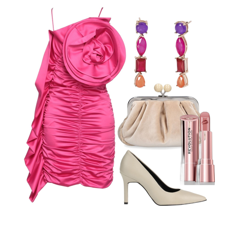 Outfit donna - Ghost outfitter - luglio. Stile Glamour per Cerimonia. Abbinamento con décolleté, vestiti corti, rossetti, orecchini, pochette.