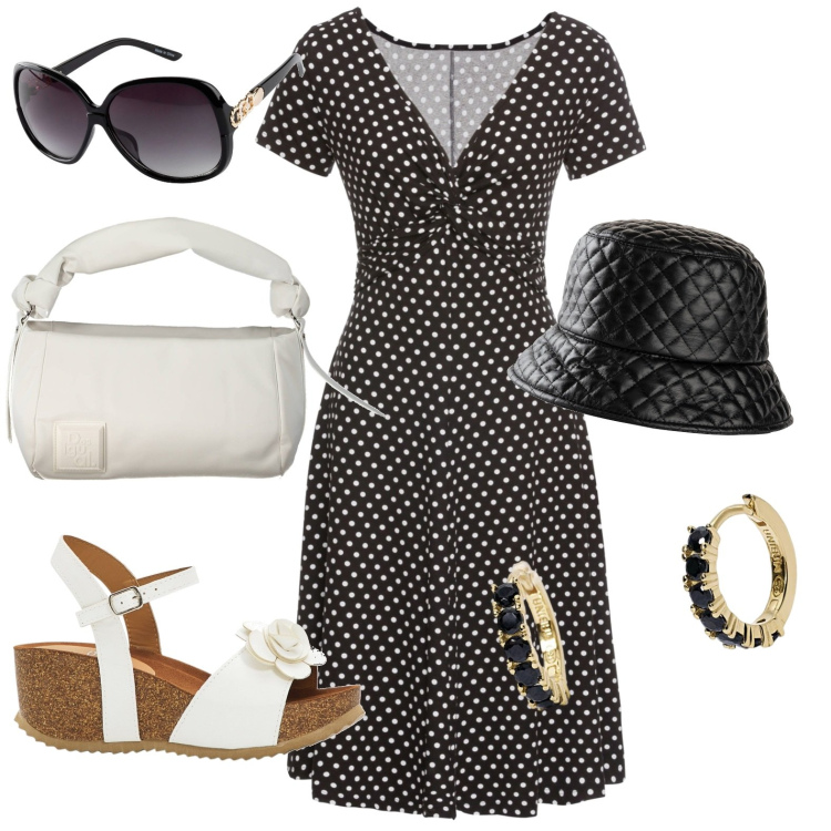 Outfit donna - Total look #1907369. Stile Casual per Tutti i giorni. Abbinamento con vestiti lunghi, sandali, cappelli con visiera, occhiali da sole, orecchini, borse a spalla.