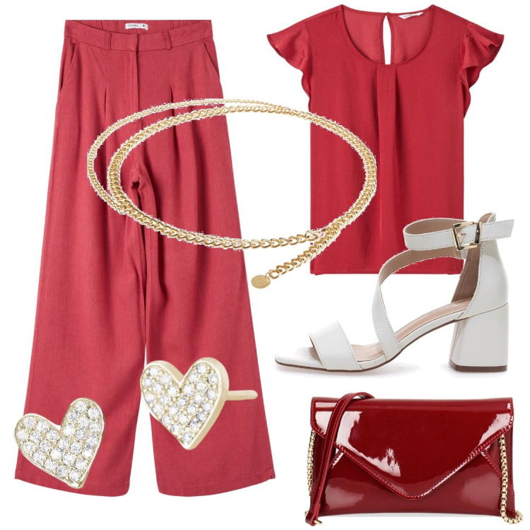 Outfit donna - Rouge. Stile Chic per Serata fuori. Abbinamento con cinture, bluse, pantaloni, orecchini, pochette, sandali col tacco.
