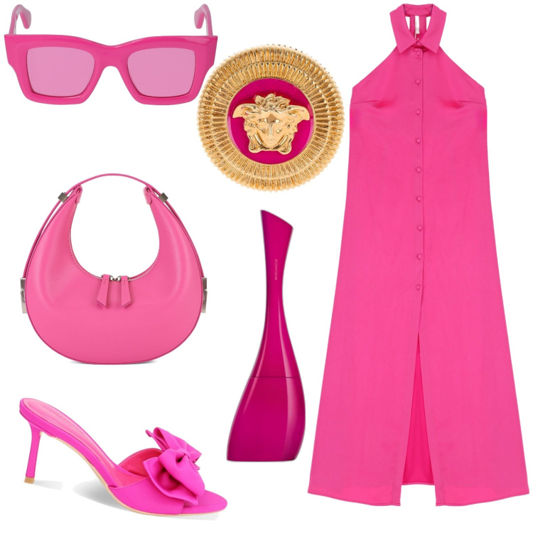 Outfit donna - Chic. Stile Chic per Serata fuori. Abbinamento con profumi, vestiti lunghi, pantofole, anelli, borse a mano, occhiali da sole.
