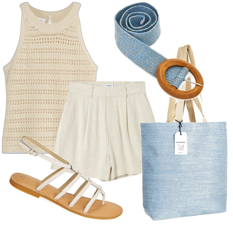 Outfit donna - Rimini. Stile Casual per Tutti i giorni. Abbinamento con top, bermuda, borse tote, sandali in pelle, cinture.