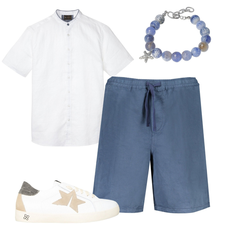 Outfit uomo - Lino per la sera. Stile Casual per Serata speciale. Abbinamento con camicie a manica corta, sneakers, braccialetti, bermuda.