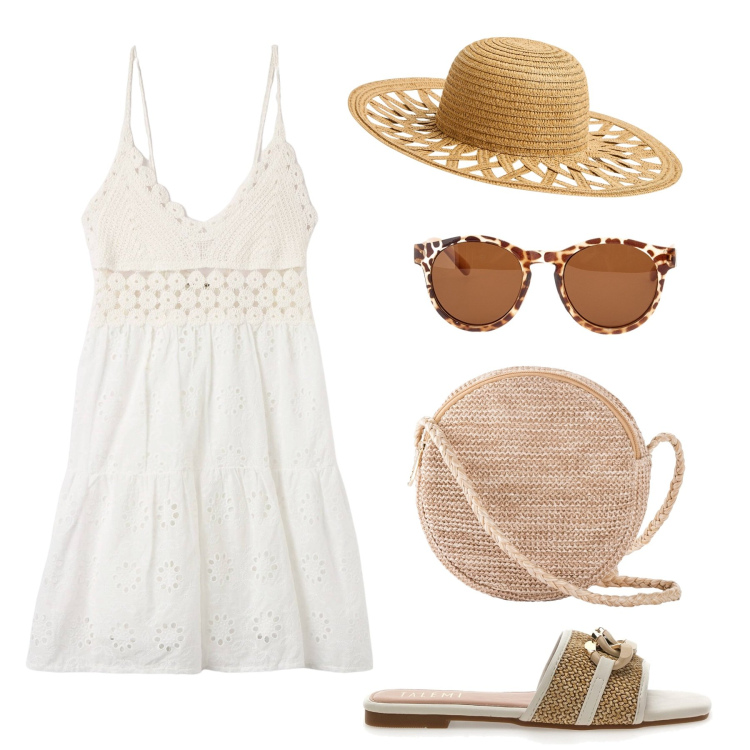 Outfit donna - Picnic in campagna. Stile Bon Ton per Tutti i giorni. Abbinamento con borse a tracolla, vestiti corti, cappelli, occhiali da sole, ciabatte.