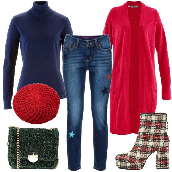 Outfit donna - Gli stivaletti tartan. Stile Trendy per Tutti i giorni. Abbinamento con maglieria, cardigan rosso e corda, jeans skinny a punta blu, stivali a quadri, borsa a tracolla in velluto, cuffia taglia unica rosso.