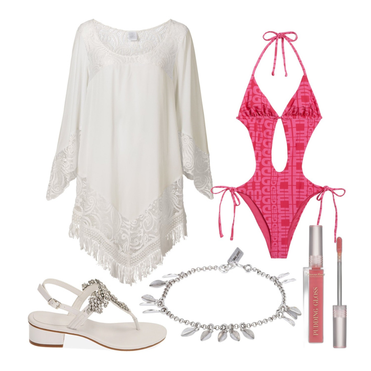Outfit donna - Ghost outfitter - luglio. Stile Trendy per Mare. Abbinamento con vestiti da spiaggia, gloss, costumi interi, ciabatte, braccialetti.