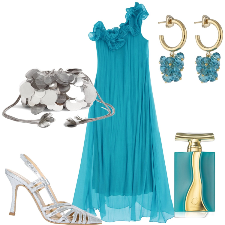 Outfit donna - Evento. Stile Chic per Serata fuori. Abbinamento con profumi, vestiti lunghi, sandali in pelle, borse a spalla, orecchini.