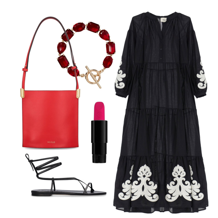 Outfit donna - Ghost outfitter - luglio. Stile Boho per Tutti i giorni. Abbinamento con rossetti, vestiti lunghi, braccialetti, borse a spalla, sandali in pelle.
