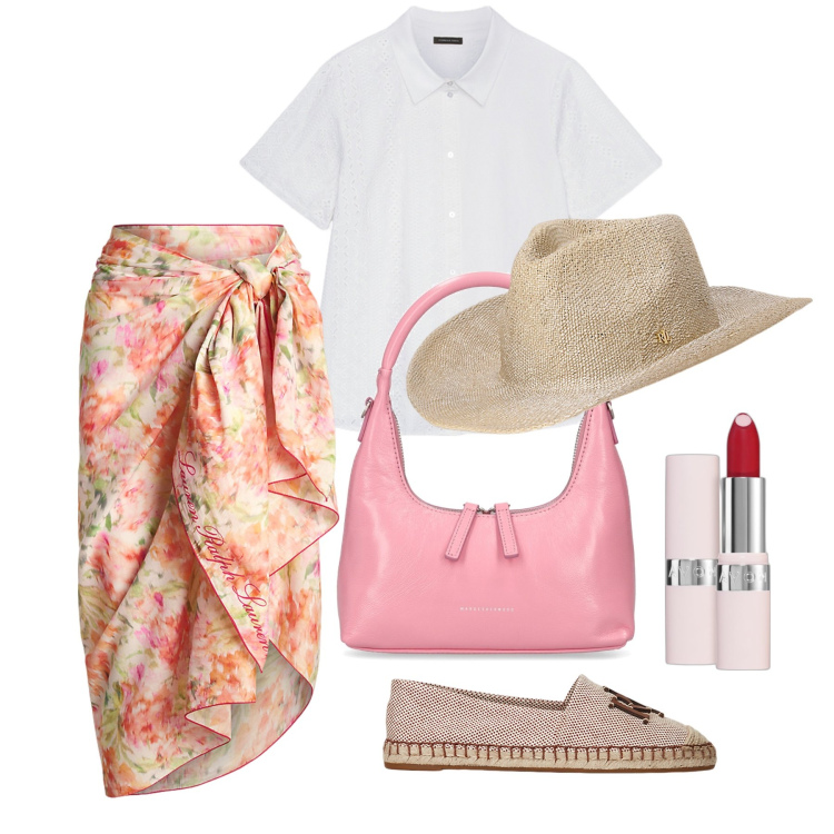 Outfit donna - Ghost outfitter - luglio. Stile Trendy per Mare. Abbinamento con rossetti, espadrillas, cappelli, gonne, borse a mano, camicie a manica corta.