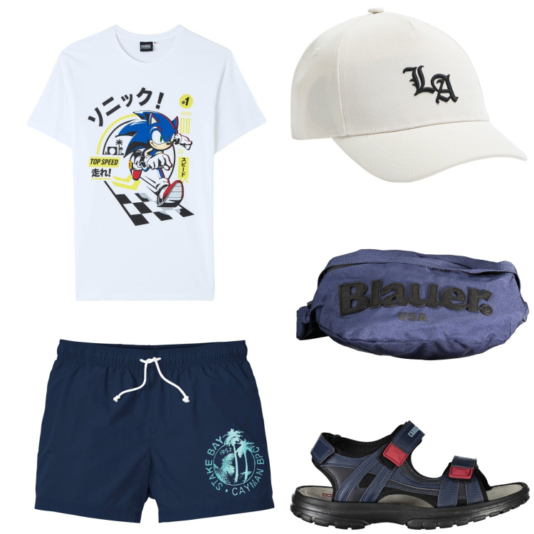 Outfit uomo - Gita in barca con amici. Stile Urban per Mare. Abbinamento con pantaloni corti, t-shirt, cappelli, sandali, borse sportive.