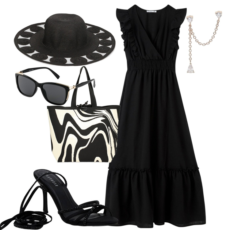 Outfit donna - Un po\' diva. Stile Glamour per Mare. Abbinamento con occhiali da sole, vestiti lunghi, sandali alla schiava, orecchini, borse a spalla, cappelli.
