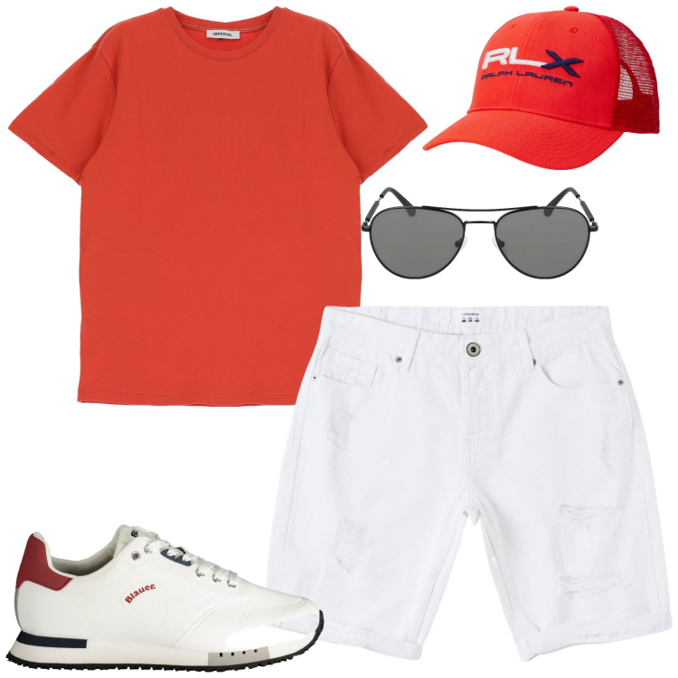 Outfit uomo - Total look #1907566. Stile Casual per Mare. Abbinamento con bermuda, t-shirt, cappelli, occhiali da sole, sneakers.