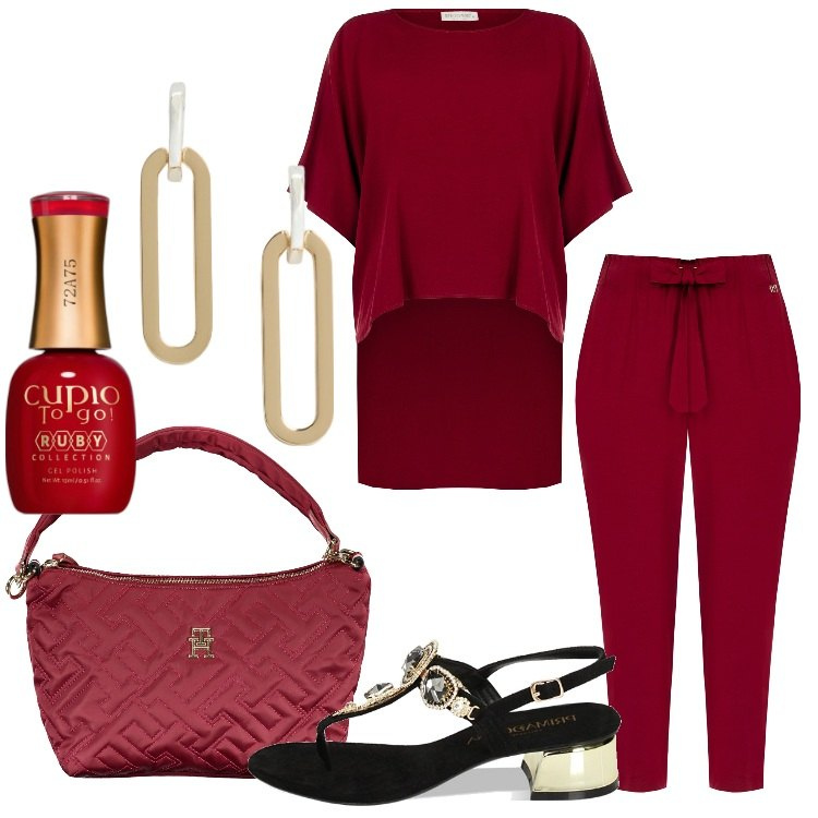 Outfit donna - Cherry Red Focus Curvy Style. Stile Casual chic per Serata fuori. Abbinamento con smalti, pantaloni, bluse, sandali gioiello, orecchini, borse a spalla.