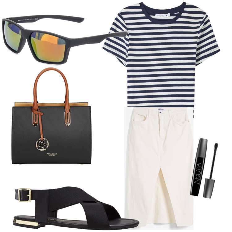 Outfit donna - City. Stile Basic per Tutti i giorni. Abbinamento con sandali, gonne longuette, mascara, t-shirt, borse a mano, occhiali da sole.