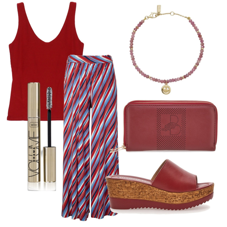 Outfit donna - Un pomeriggio. Stile Vintage retrò per Tutti i giorni. Abbinamento con pantaloni a palazzo, mascara, braccialetti, top, ciabatte, portafogli.