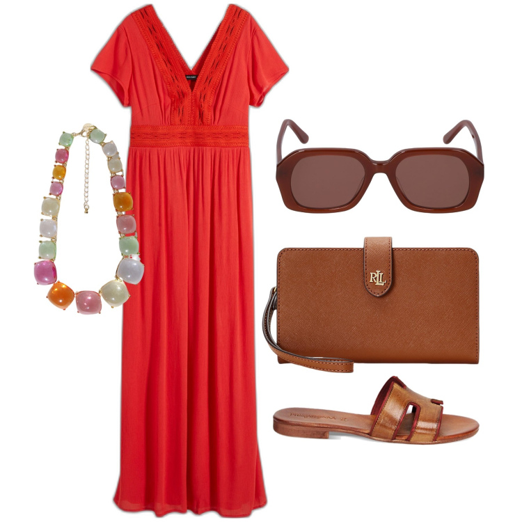 Outfit donna - Ghost outfitter - luglio. Stile Trendy per Tutti i giorni. Abbinamento con vestiti lunghi, sandali, collane, pochette, occhiali da sole.