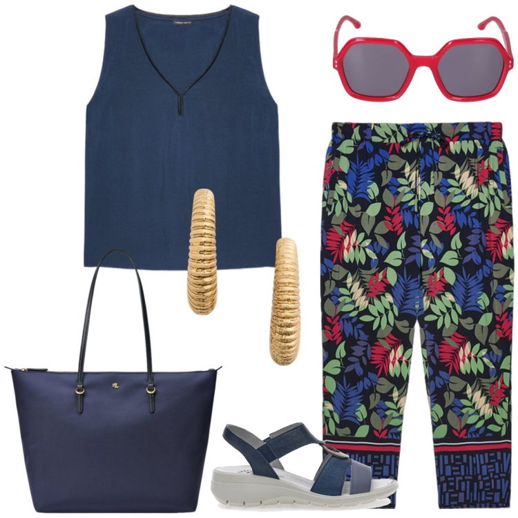 Outfit donna - Total look #1907599. Stile Casual per Tutti i giorni. Abbinamento con borse tote, orecchini, pantaloni, top, sandali, occhiali da sole.