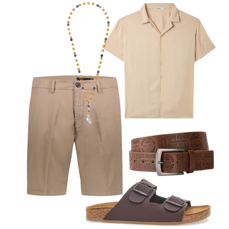 Outfit uomo - Estate. Stile Casual per Tutti i giorni. Abbinamento con cinture, camicie a manica corta, collane, bermuda, sandali.