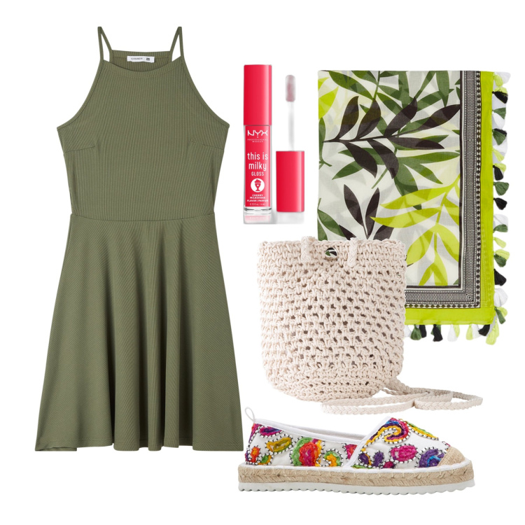 Outfit donna - Ghost outfitter - giugno. Stile Trendy per Tutti i giorni. Abbinamento con espadrillas, borse a tracolla, gloss, vestiti corti, foulard.