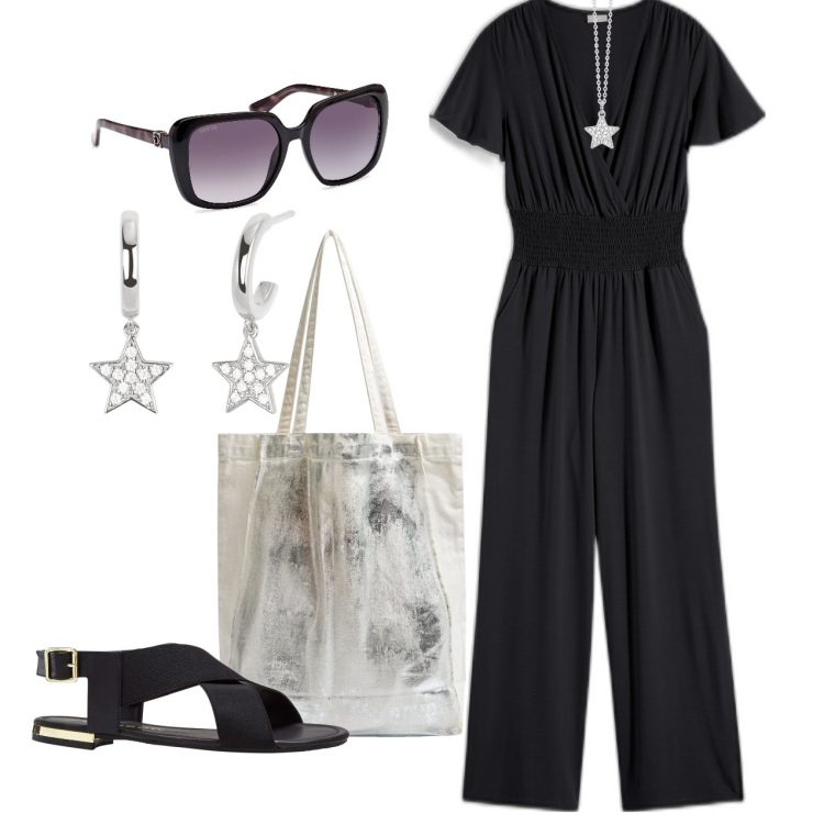Outfit donna - La jumpsuit con le stelle. Stile Bon Ton per Ufficio. Abbinamento con sandali, tute, shopping bag, collane, orecchini, occhiali da sole.