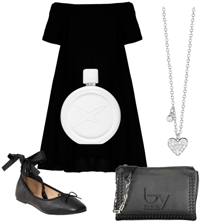 Outfit donna - Amour. Stile Casual chic per Tutti i giorni. Abbinamento con profumi, ballerine, collane, vestiti corti, borse a spalla.