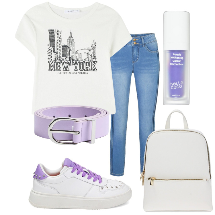 Outfit donna - City. Stile Urban per Tutti i giorni. Abbinamento con jeans skinny, correttori, cinture, t-shirt, sneakers, zaini.