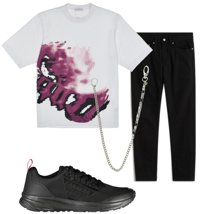 Outfit uomo - Total look #1907620. Stile Biker Rock per Tutti i giorni. Abbinamento con jeans slim fit, collane, scarpe sportive, t-shirt.