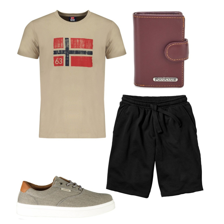 Outfit uomo - Norway. Stile Casual per Tutti i giorni. Abbinamento con bermuda, t-shirt, sneakers, portafogli.