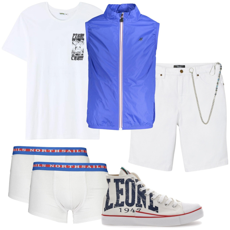 Outfit uomo - Capi di quotidiana comodità. Stile Casual per Tutti i giorni. Abbinamento con bermuda, t-shirt, collane, giacche, boxer, sneakers.