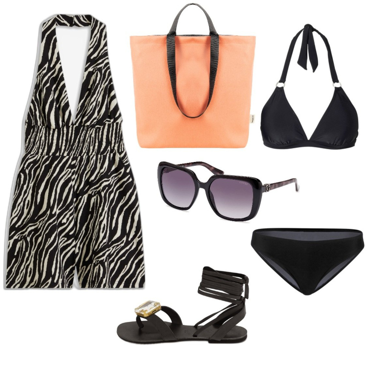 Outfit donna - Aperitivo al mare. Stile Casual per Mare. Abbinamento con bikini, tute, borse tote, ciabatte, occhiali da sole.