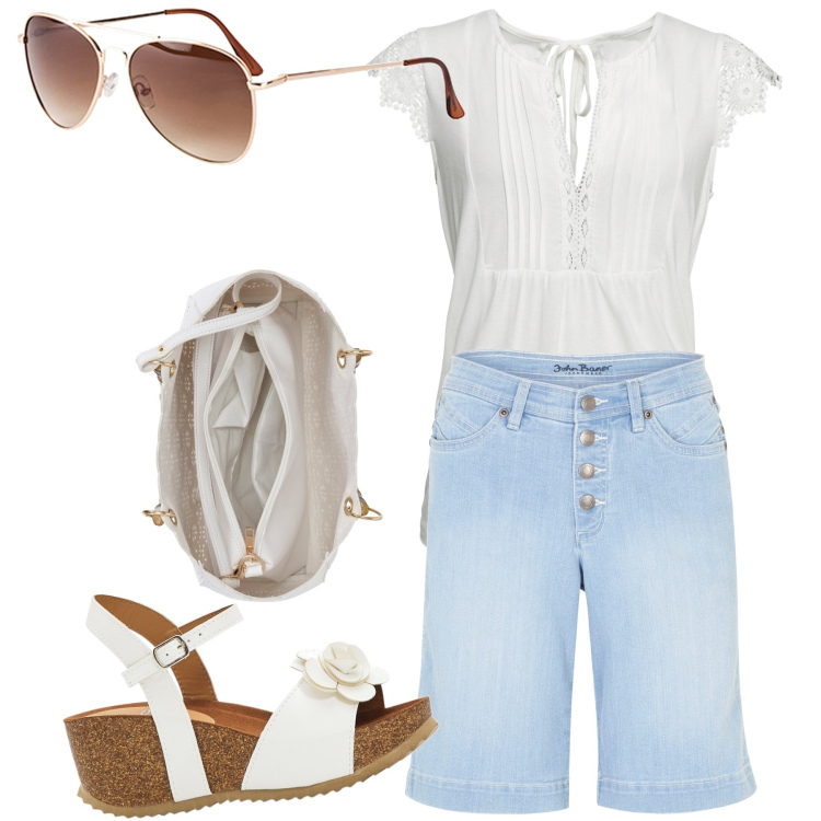 Outfit donna - Look semplice e bon ton. Stile Trendy per Tutti i giorni. Abbinamento con sandali, occhiali da sole, bermuda, maglieria, borse a mano.