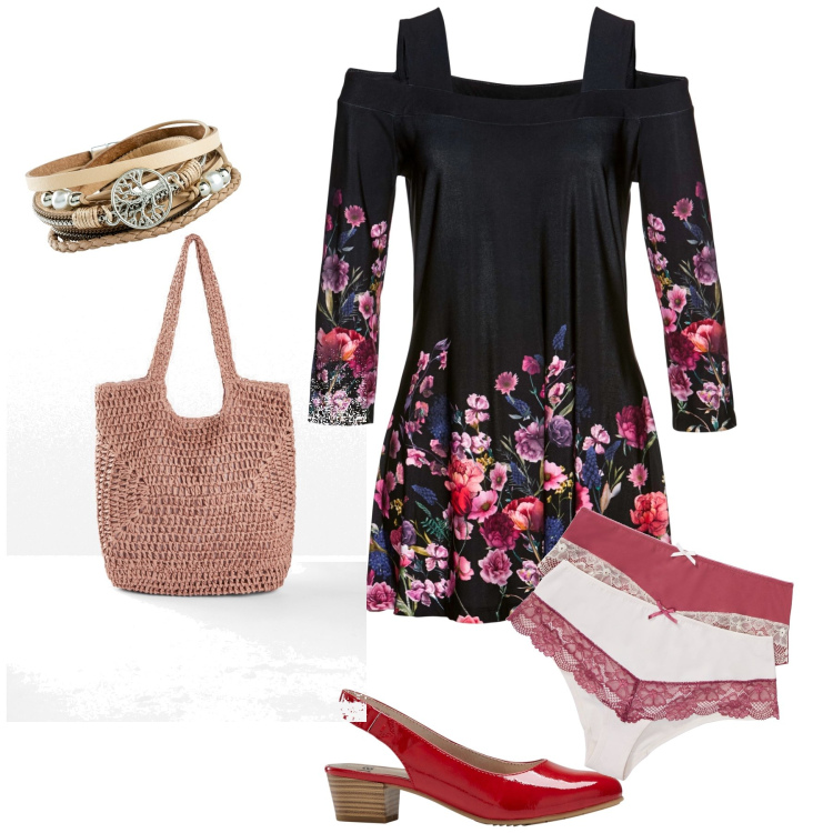 Outfit donna - Fresca passeggiata con abitino. Stile Glamour per Tutti i giorni. Abbinamento con braccialetti, décolleté, maglieria, slip, shopping bag.