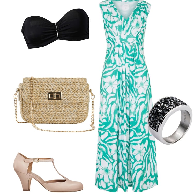 Outfit donna - Sera in Bonprix. Stile Bon Ton per Serata fuori. Abbinamento con anelli, vestiti lunghi, borse a mano, décolleté, reggiseni.