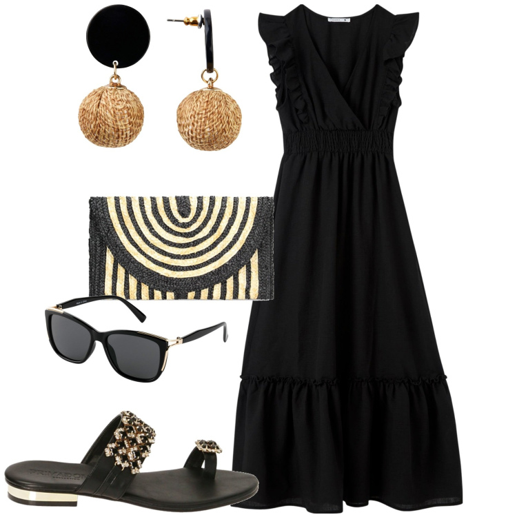 Outfit donna - La borsa di pagliq. Stile Casual chic per Tutti i giorni. Abbinamento con orecchini, occhiali da sole, vestiti lunghi, sandali gioiello, pochette.