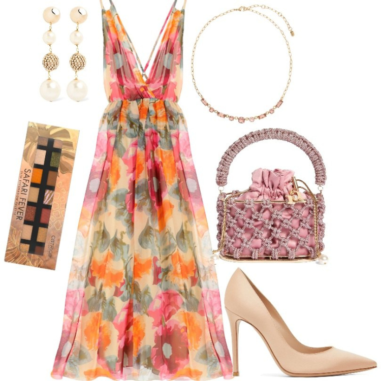 Outfit donna - Cerimonia estiva. Stile Glamour per Cerimonia. Abbinamento con ombretti, collane, vestiti lunghi, borse a mano, décolleté, orecchini.