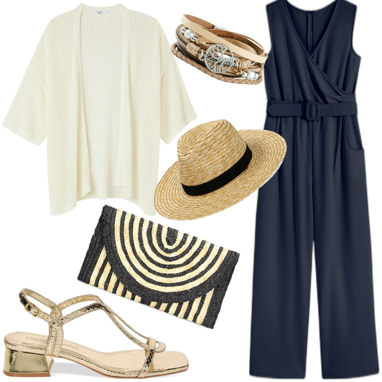 Outfit donna - Borsellino in paglia. Stile Casual chic per Serata fuori. Abbinamento con braccialetti, tute, kimono, sandali col tacco, cappelli, pochette.