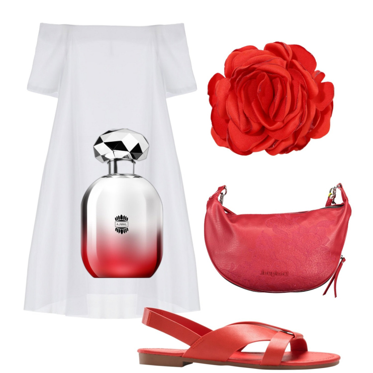 Outfit donna - Semplicemente e rosso. Stile Trendy per Tutti i giorni. Abbinamento con sandali, profumi, vestiti corti, braccialetti, borse a spalla.