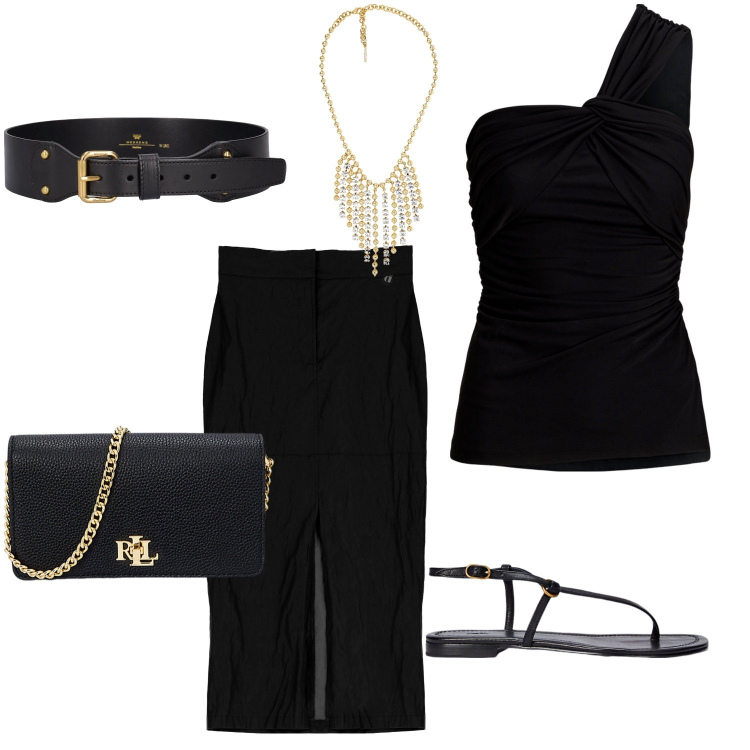 Outfit donna - Total look #1907739. Stile Casual chic per Tutti i giorni. Abbinamento con gonne longuette, sandali in pelle, top, borse a mano, cinture, collane.