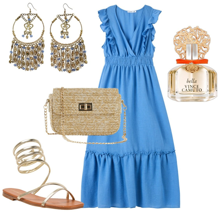 Outfit donna - Luglio. Stile Casual chic per Tutti i giorni. Abbinamento con borse a mano, profumi, vestiti lunghi, sandali, orecchini.