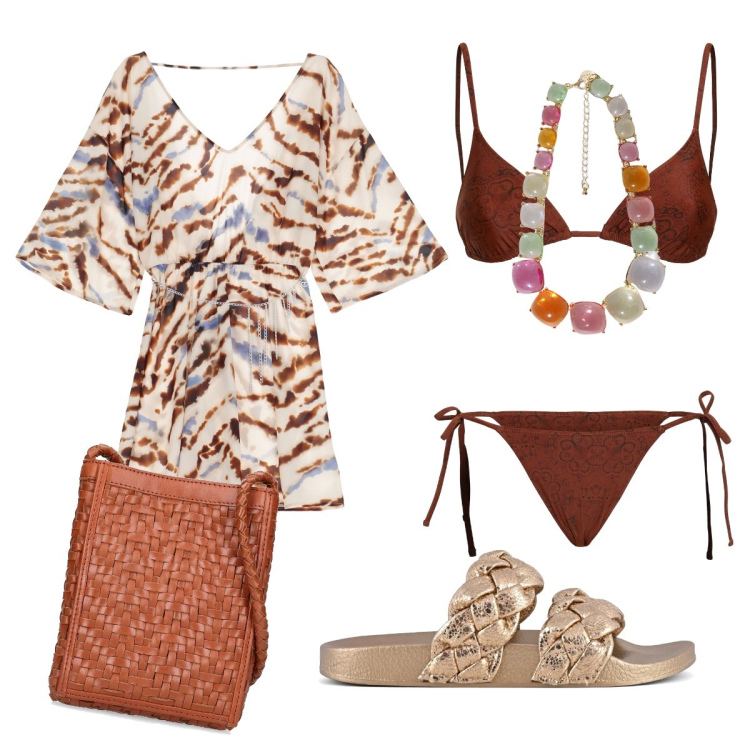 Outfit donna - Allegria sulla sabbia. Stile Casual chic per Mare. Abbinamento con vestiti corti, collane, ciabatte, bikini, borse a spalla, bikini.