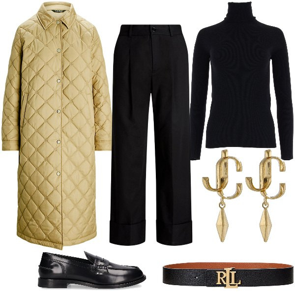 Outfit donna - Total look #1907755. Stile Mannish per Ufficio. Abbinamento con cinture, pantaloni, cappotti, maglieria, orecchini, mocassini.