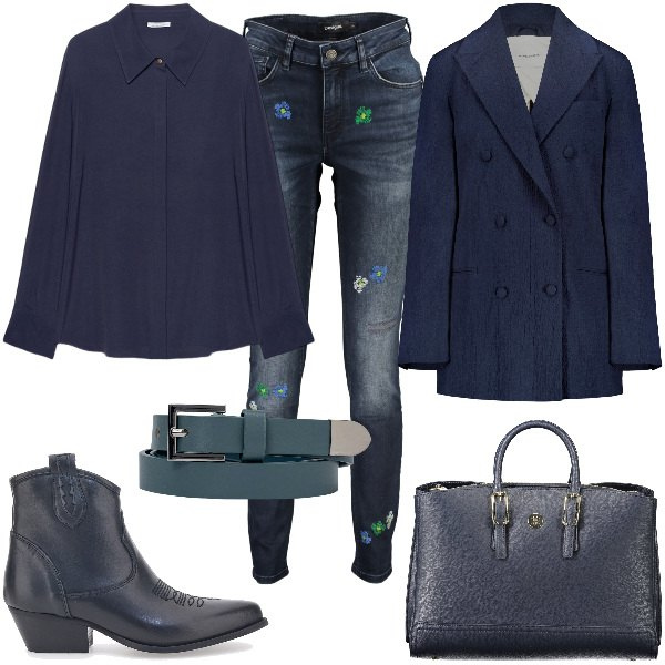 Outfit donna - Total look #1907764. Stile Mannish per Ufficio. Abbinamento con camicie, cinture, jeans slim fit, stivaletti, blazer, pochette.