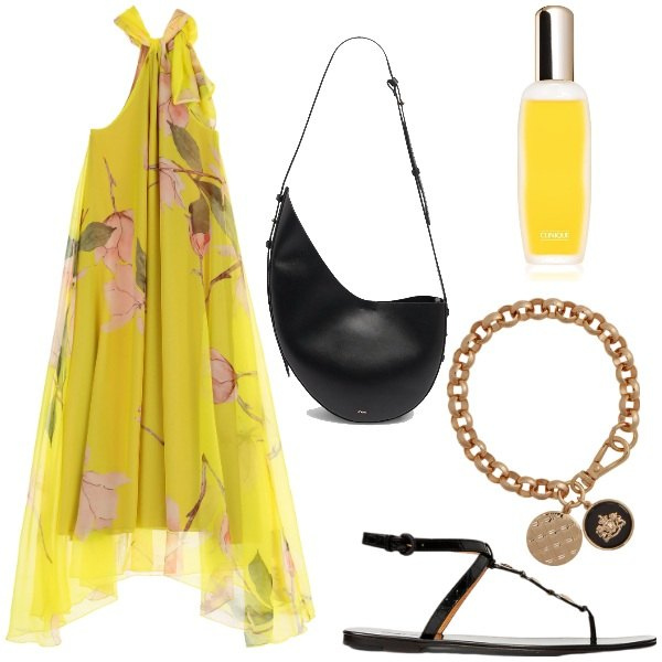 Outfit donna - Cene in riva al mare. Stile Chic per Serata fuori. Abbinamento con profumi, vestiti lunghi, braccialetti con ciondoli, sandali col tacco, borse a spalla.