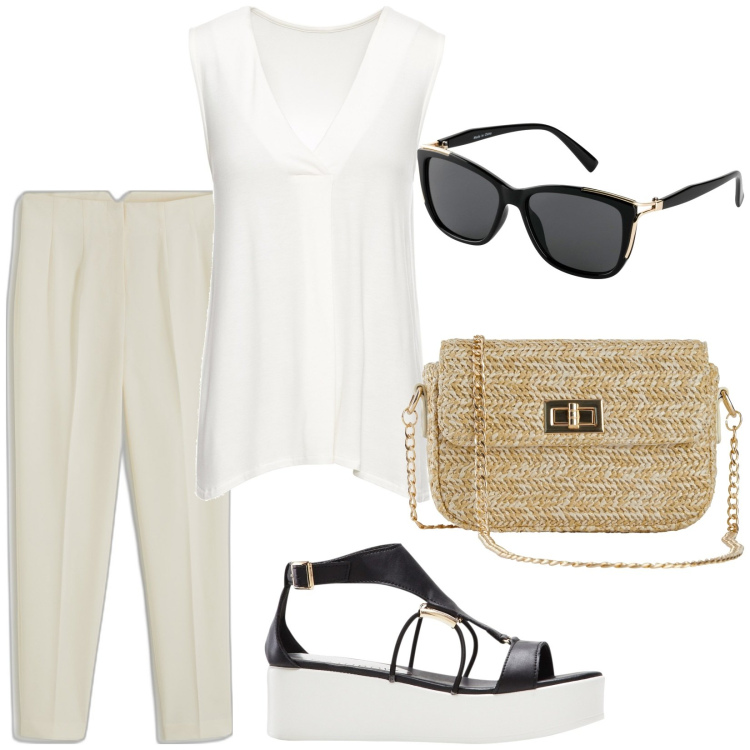 Outfit donna - Stile e comodità. Stile Casual chic per Tutti i giorni. Abbinamento con top, pantaloni, sandali col tacco, borse a mano, occhiali da sole.