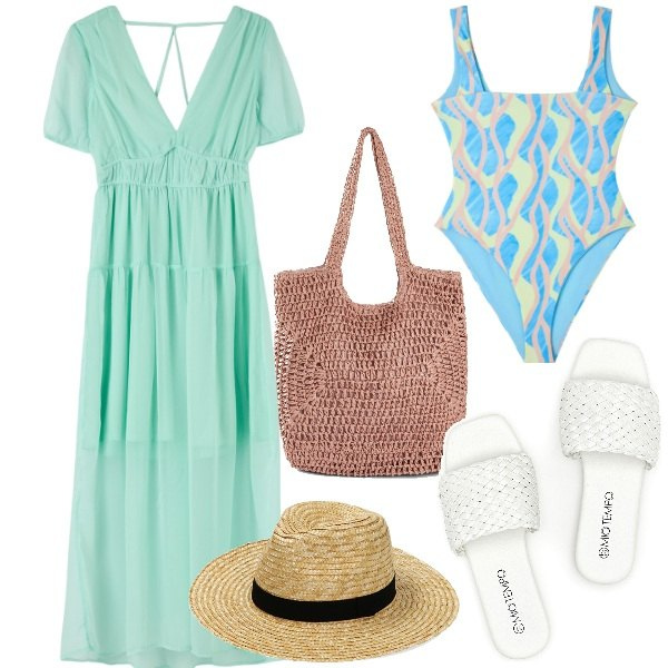 Outfit donna - Total look #1907774. Stile Boho per Mare. Abbinamento con shopping bag, costumi interi, vestiti lunghi, cappelli, ciabatte.