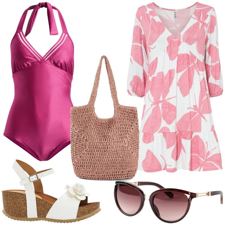 Outfit donna - Al mare con Bonprix. Stile Basic per Mare. Abbinamento con sandali, occhiali da sole, vestiti, costumi interi, shopping bag.