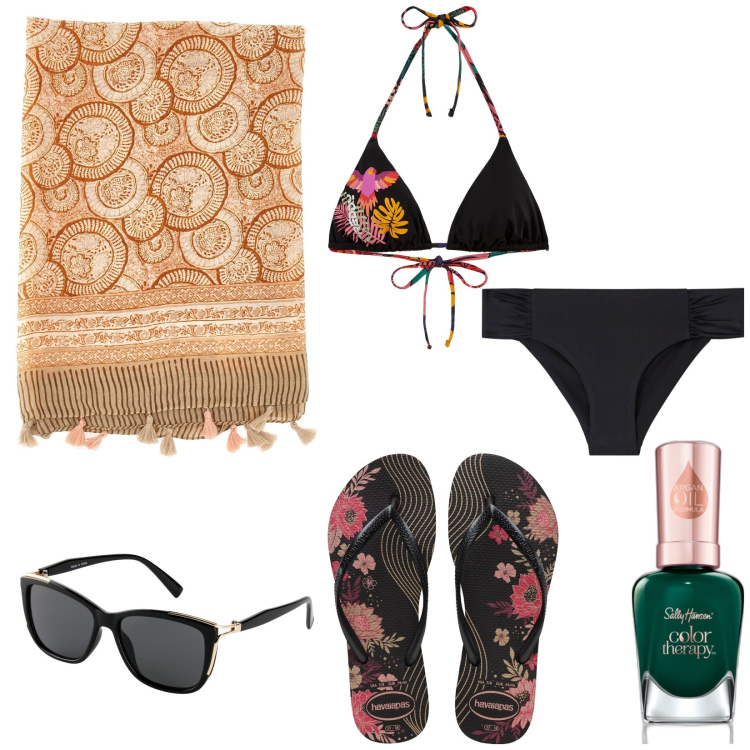 Outfit donna - Festa in spiaggia. Stile Basic per Mare. Abbinamento con occhiali da sole, smalti, bikini, bikini, infradito, vestiti da spiaggia.