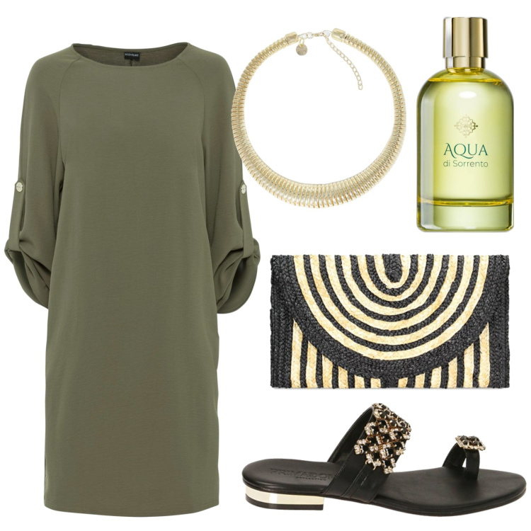 Outfit donna - L\'abito verde. Stile Etnico per Tutti i giorni. Abbinamento con vestiti, profumi, pochette, sandali gioiello, collane.