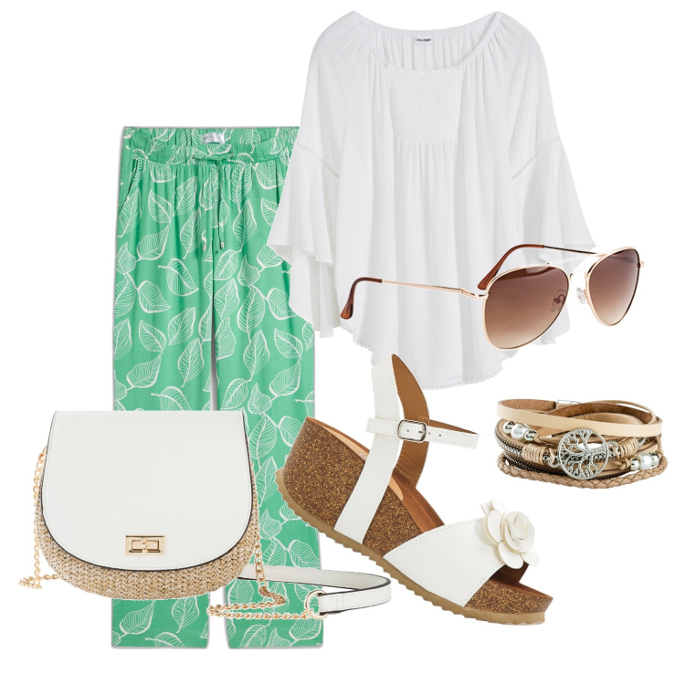 Outfit donna - Ghost outfitter - luglio. Stile Casual chic per Tutti i giorni. Abbinamento con occhiali da sole, braccialetti, sandali, borse a tracolla, bluse, pantaloni.