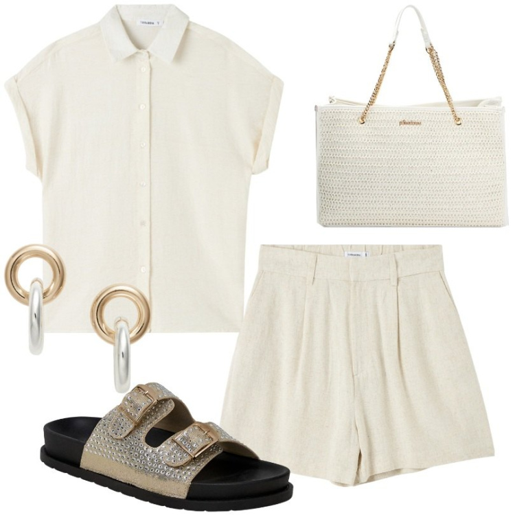 Outfit donna - Stupenda camicia per i tuoi look estivi. Stile Casual per Tutti i giorni. Abbinamento con bermuda, ciabatte, camicie a manica corta, borse a spalla, orecchini.