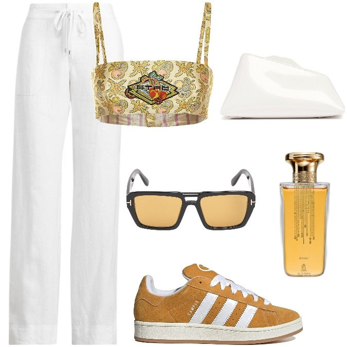 Outfit donna - Total look #1907815. Stile Trendy per Tutti i giorni. Abbinamento con profumi, pantaloni, sneakers, top, occhiali da sole, pochette.